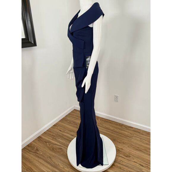 Chiara Boni La Petite Robe Norc Cocoon Collar Trumpet Gown Blue Notte Sz 6 - Picture 9 of 12
